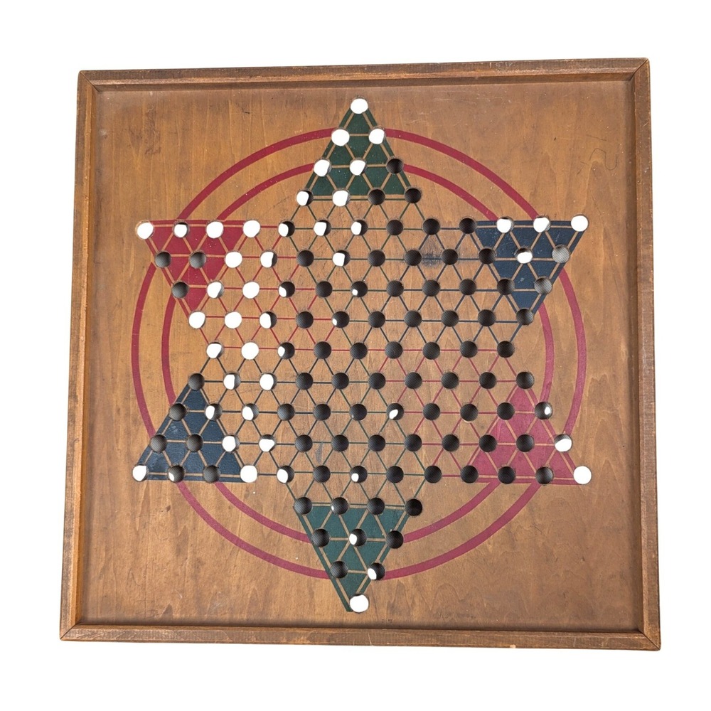 Vintage Wooden Chinese Checkers Board Square Rustic Wall Decor Tabletop Game 16"